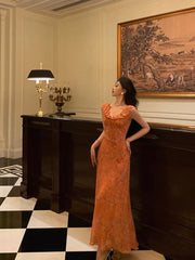 Aiertu - Classy A line V neckline Orange Chiffon Long Prom Dresses Birthday Outfits Evening Gown HOT1011 Aiertu