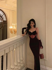 Aiertu - Gorgeous Mermaid Spaghetti Straps Date Night Dress Burgundy Velvet Long Prom Dresses Birthday Outfits HOT1088 Aiertu