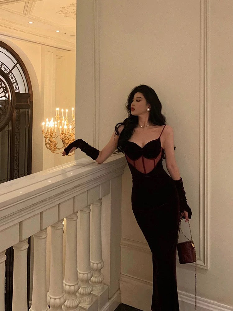 Aiertu - Gorgeous Mermaid Spaghetti Straps Date Night Dress Burgundy Velvet Long Prom Dresses Birthday Outfits HOT1088 Aiertu