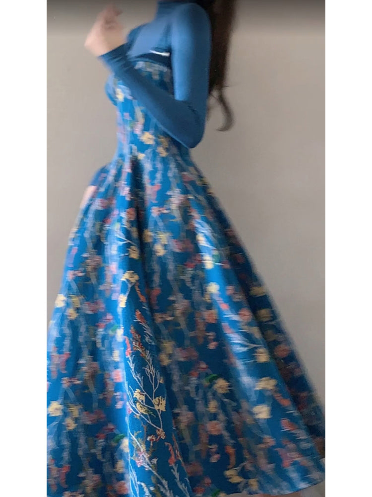 Aiertu - Vintage A line Spaghetti Straps Royal Blue Floral Long Birthday Dresses Prom Dress Birthday Outfits HOT1187 Aiertu