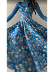 Aiertu - Vintage A line Spaghetti Straps Royal Blue Floral Long Birthday Dresses Prom Dress Birthday Outfits HOT1187 Aiertu