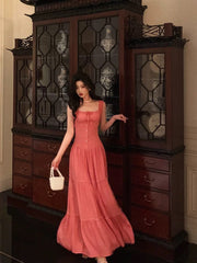 Aiertu - Sexy A Line Square Neckline Pink Long Prom Dresses Birthday Outfits HOT730 Aiertu