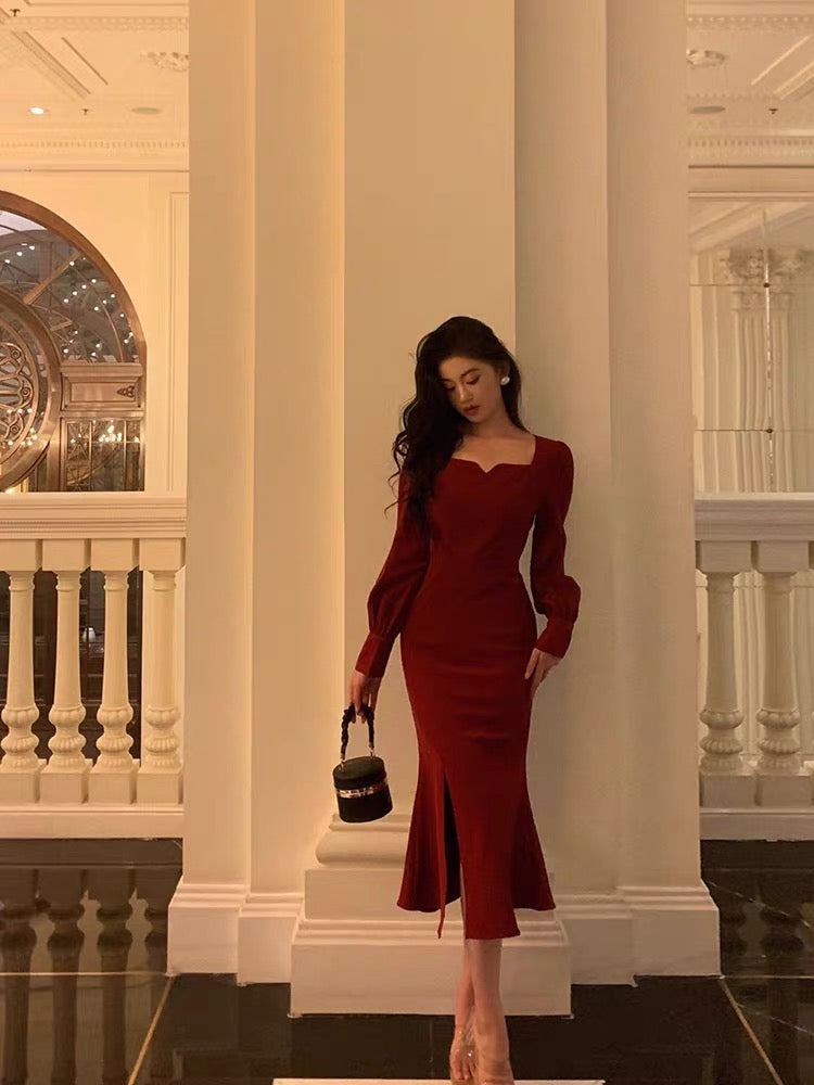 Aiertu - Sexy Sheath Square Neckline Red Date Night Dress Prom Dresses Birthday Outfit HOT762 Aiertu