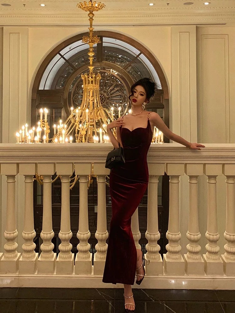 Aiertu - Gorgeous Sheath Spaghetti Straps Velvet Date Night Dress Red Prom Dresses Birthday Outfits HOT780 Aiertu