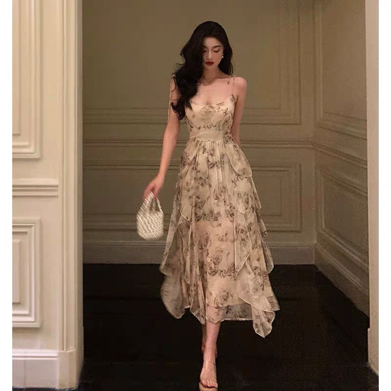 Aiertu - Pretty A Line Spaghetti Straps Chiffon Floral Sleeveless Date Night Dress Prom Dresses Birthday Party Outfit HOT886 Aiertu