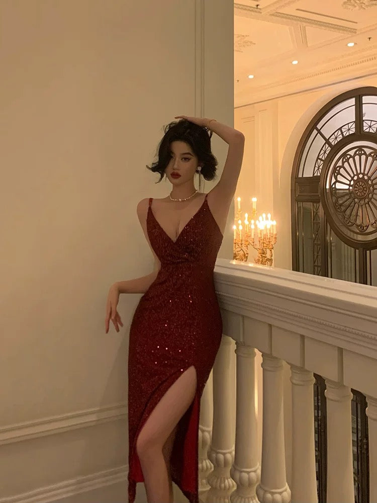 Aiertu - Classy Sheath Spaghetti Straps Red Sequin Prom Dresses Birthday Outfits Evening Gown HOT889 Aiertu