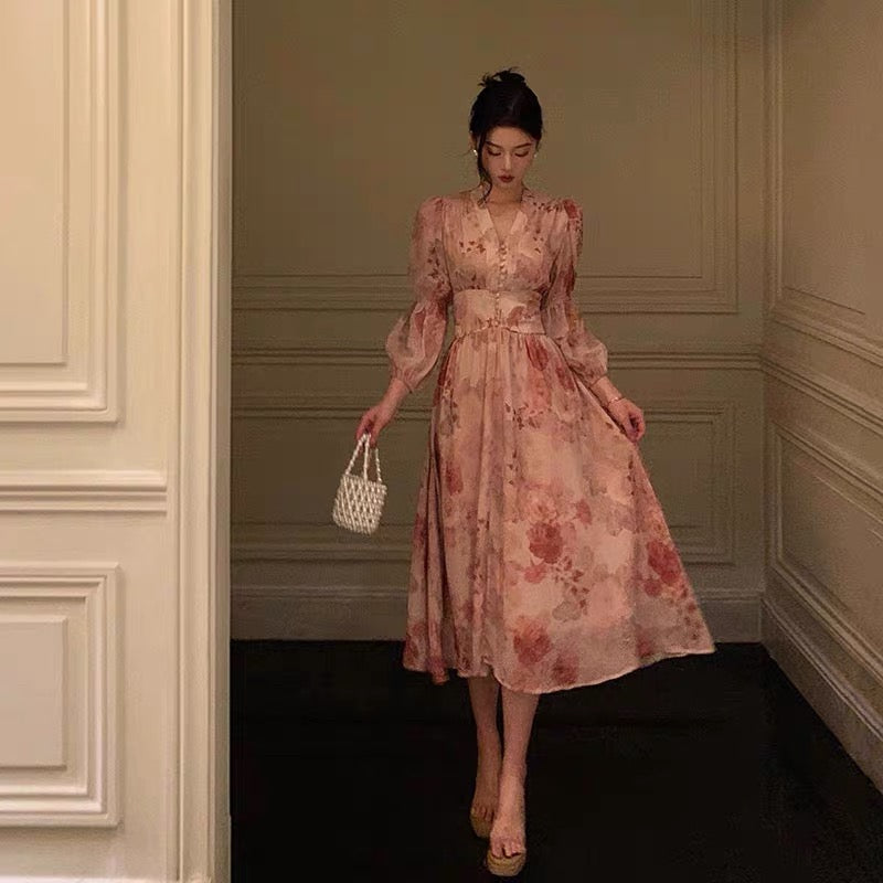 Aiertu - Sexy A Line V Neckline Long Sleeves Pink Floral Prom Dresses Birthday Outfits Evening Gown HOT994 Aiertu