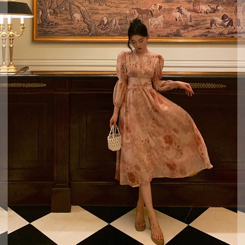 Aiertu - Sexy A Line V Neckline Long Sleeves Pink Floral Prom Dresses Birthday Outfits Evening Gown HOT994 Aiertu