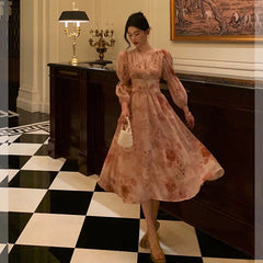 Aiertu - Sexy A Line V Neckline Long Sleeves Pink Floral Prom Dresses Birthday Outfits Evening Gown HOT994 Aiertu