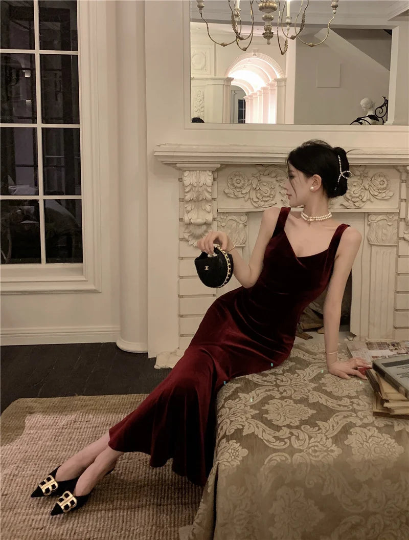 AIERTU  -  French Style Vintage Wine Red Camisole Long Dress Elegant Women Spring Autumn Solid Slim Mermaid Ladies Evening Party Robe New Aiertu