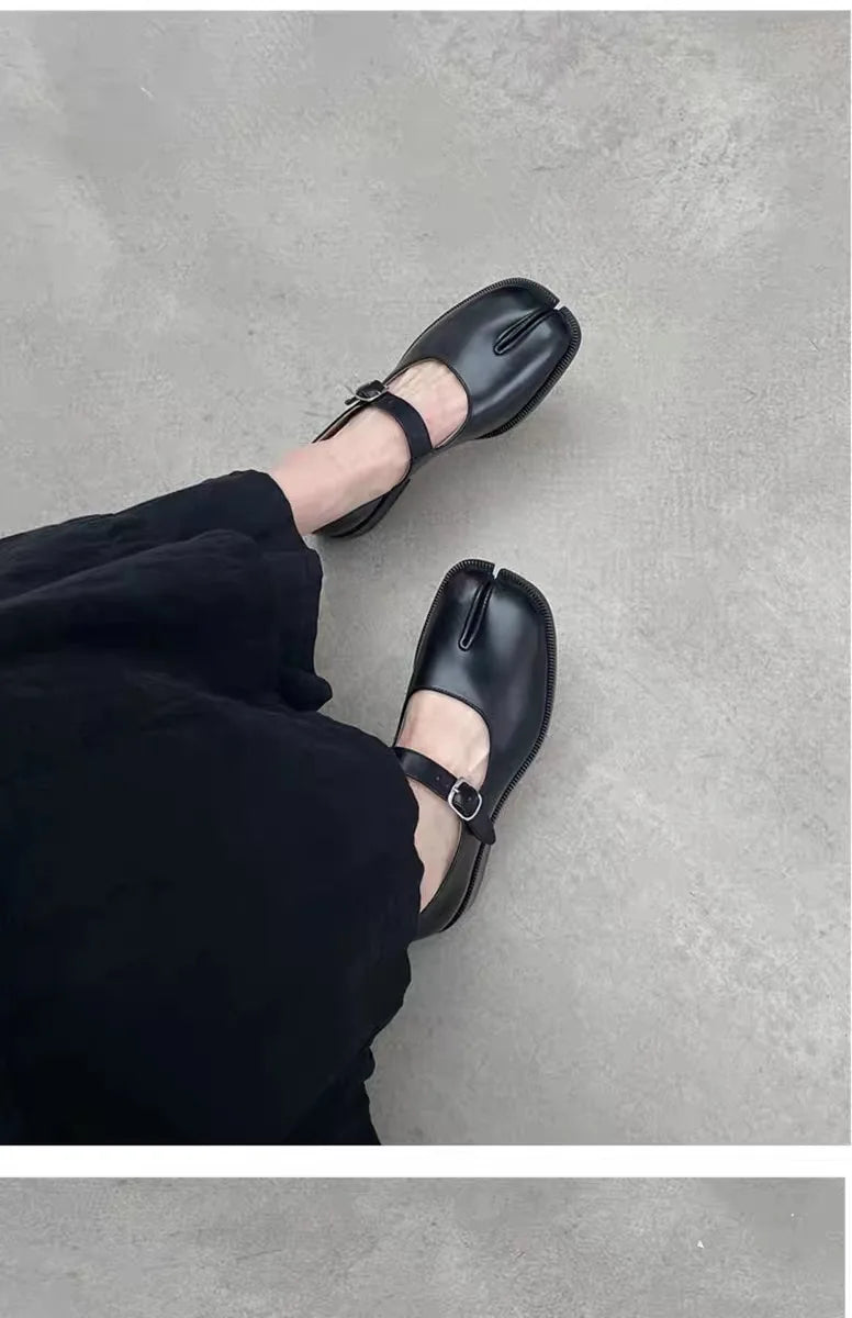 Aiertu Back  to school Flats Split Toe Shoes Plus Size 42 Loafer Brown Shoes Black Leather Women  Mary Janes Aiertu