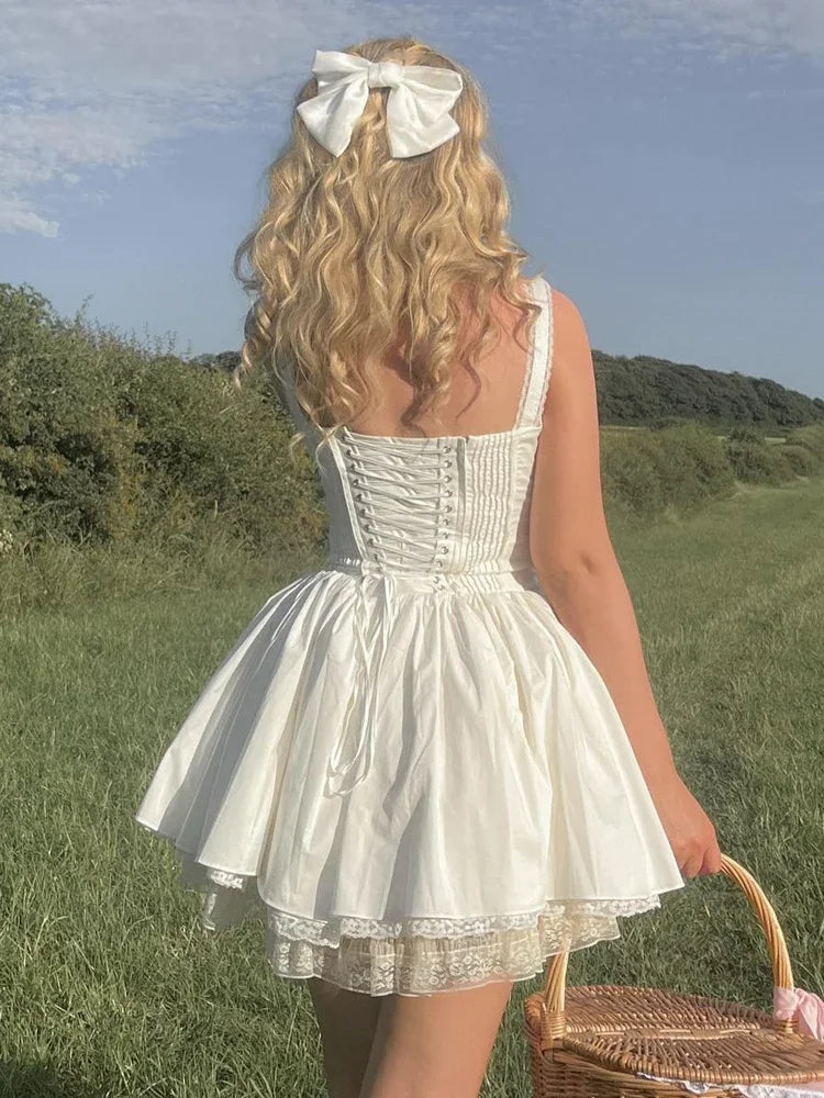 Aiertu Summer White A Line Women's Dress  Mini Elegant Lace Up Dress Sexy Casual Spaghetti Strap Holiday Party Dress High Quality Aiertu