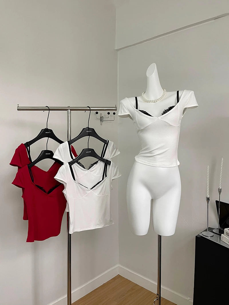 Aiertu Women Vintage Tees Chic Short Sleeve Soft Square Collar Crop Top Casual Loose Fashion Office Lady Lace T-Shirts Coquette Grunge Aiertu