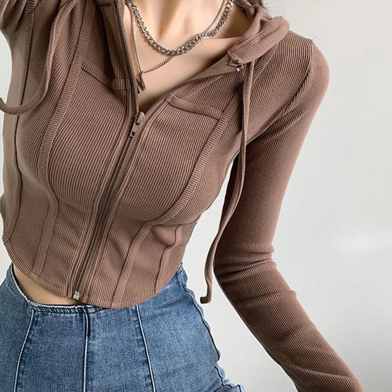 Aiertu Thin Hooded Cardigan Women Korean Vintage Slim Summer Solid Sports Jacket Vertical Pit Stripe Zipper Female Sexy Cropped Tops Aiertu