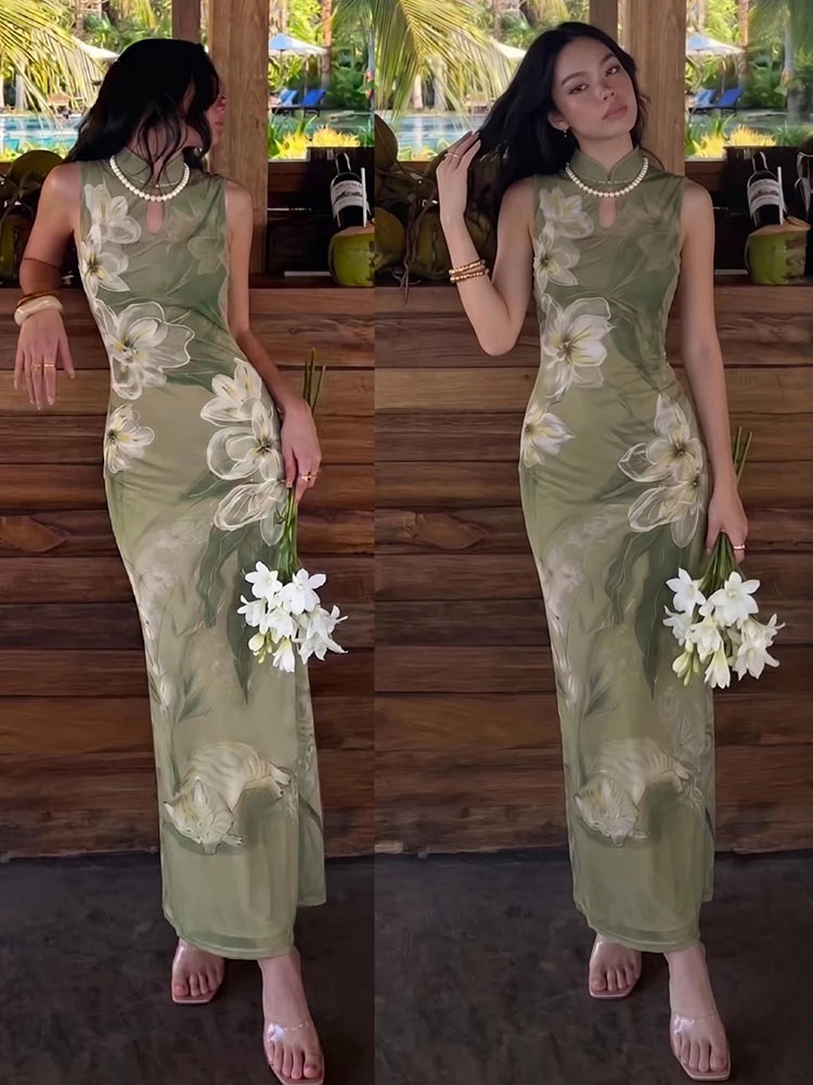 AIERTU  -  Fashion Party Gown Dress Women Hollow Frog Button Stand-Up Collar Floral Print Sleeveless Classic Elegant Chic Vestidos Aiertu