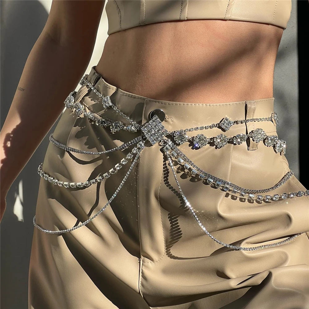 Aiertu Summer Beach Sexy Multilayer Crystal Thigh Body Chain 5 Layers Jewelry Belly Chains Waist Link Necklace for Women Accessories Aiertu