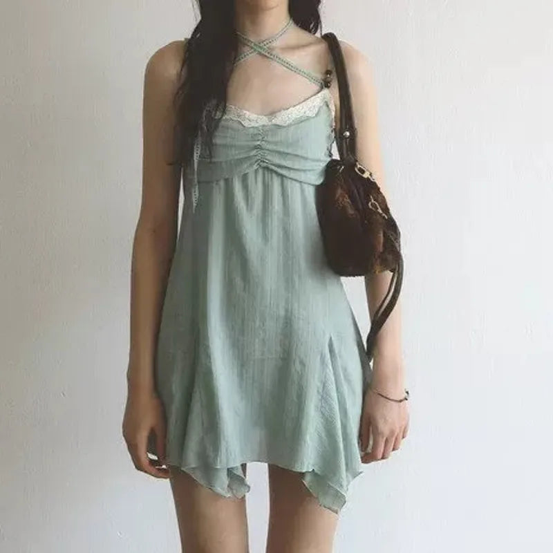 AIERTU  -  Lace Pleats Vintage Strap Chiffon Dress Women Patchwork Strapless Cross Straps Summer Sexy And Sweet Slim Fit Comfortable Dress Aiertu