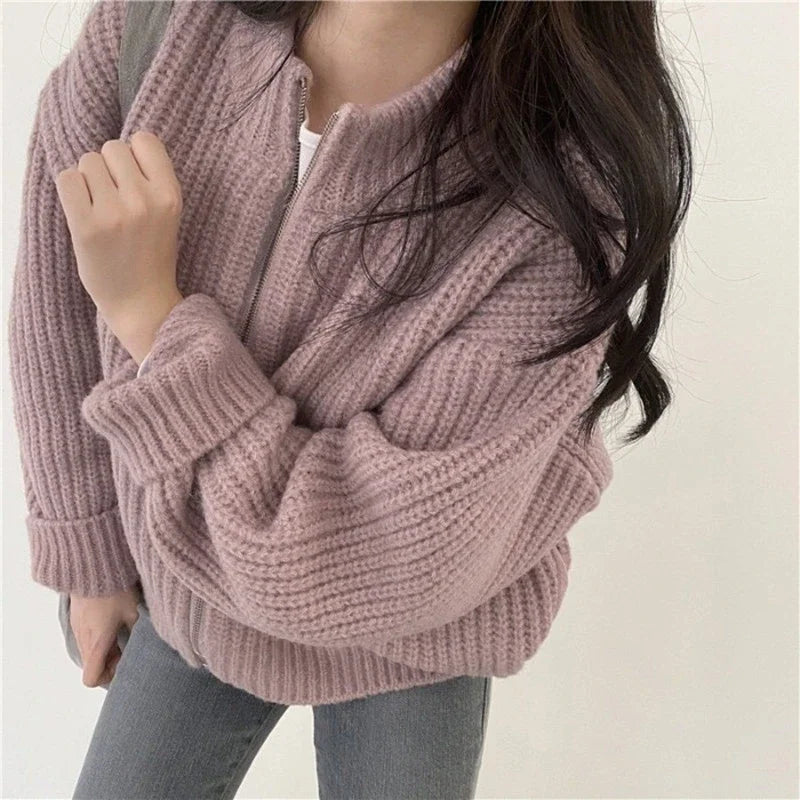 Aiertu Autumn Women's Knitted Jacket New Korean Chic Casual Sweater Coat Solid Color Zipper Thick O Neck Cardigans Women aiertu