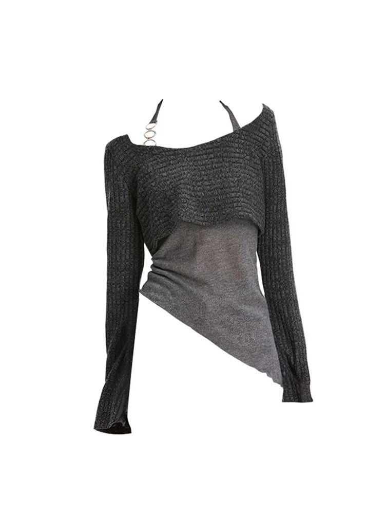 Aiertu Women's Grey Pullover Knitted Sweater Vintage Harajuku 2000s Fashion Elegant Casual Long Sleeve Sweater Top 90s Clothes Autumn Aiertu