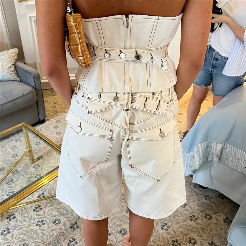 AIERTU  -  Y2K Trendy High Waist Denim Jorts Adjustable Waist Buckle Detail Loose Fit Wide Leg Baggy Jean Shorts Summer Streetwear Outfit Aiertu