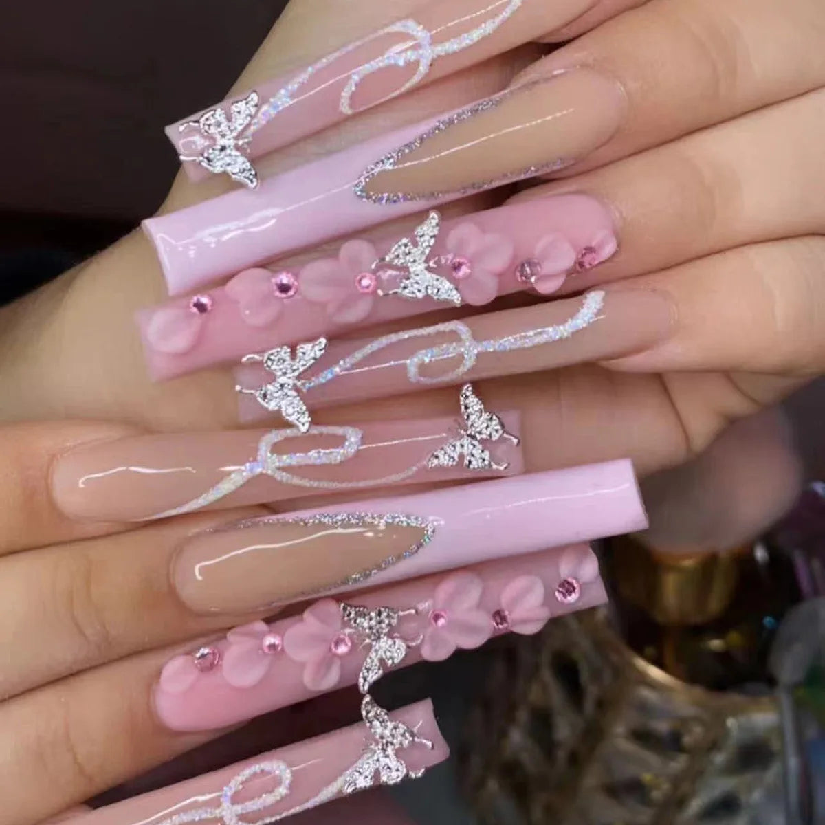 Aiertu 24Pcs Long Ballet False Nails with Bow Designs Pink Coffin Press on Nails Wearable French Fake Nail Full Cover Manicure Tips Aiertu