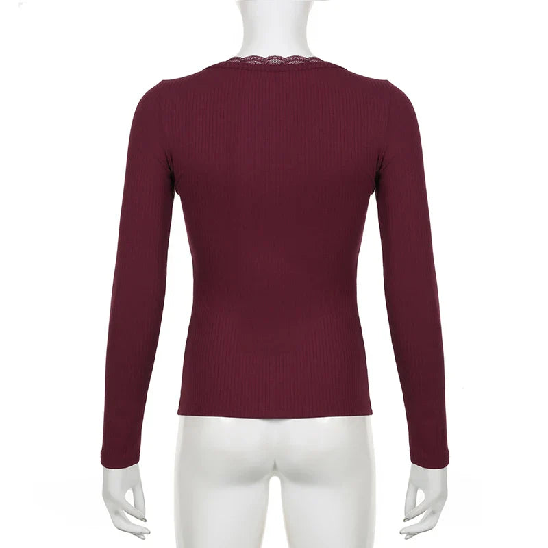 Aiertu FALL OUTFITS Y2K Button-up Knitted Top Red New Year Christmas Coquette Aesthetic Slim-fit T-shirts Sweet Cute Knitwear Festival Tees Aiertu