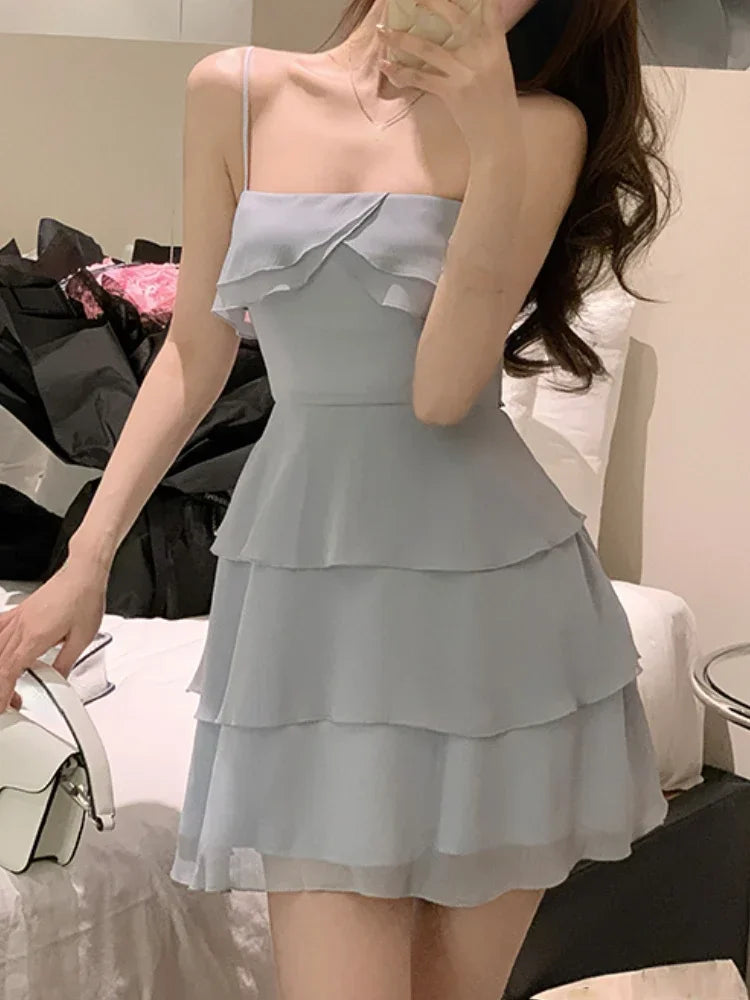 Aiertu Summer Elegant Formal Mini Dress Women Basic Sleeveless Chiffon Strap Dress Female Y2k Short Party Dress Solid Korean Chic Aiertu