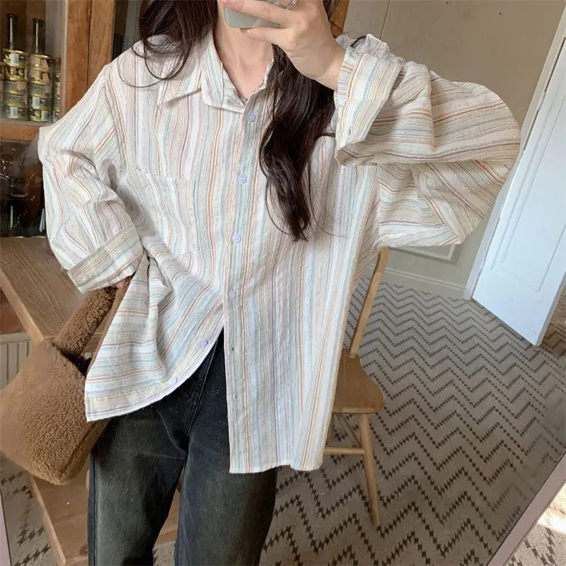 Aiertu Vintage Striped Shirt Women Fashion Elegant Long Sleeve Turn Down Collar Loose Tops Korean Office Ladies Thin Chic Casual Blouse Aiertu