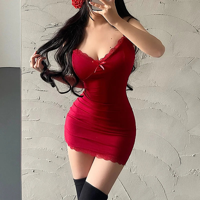 Aiertu DRESS TO IMPRESS Sexy Lace Splicing Sleeveless Mini Dress Women Skinny Sling Red Sundress Short Club Summer Black Bodycon Dresses Party Girls aiertu