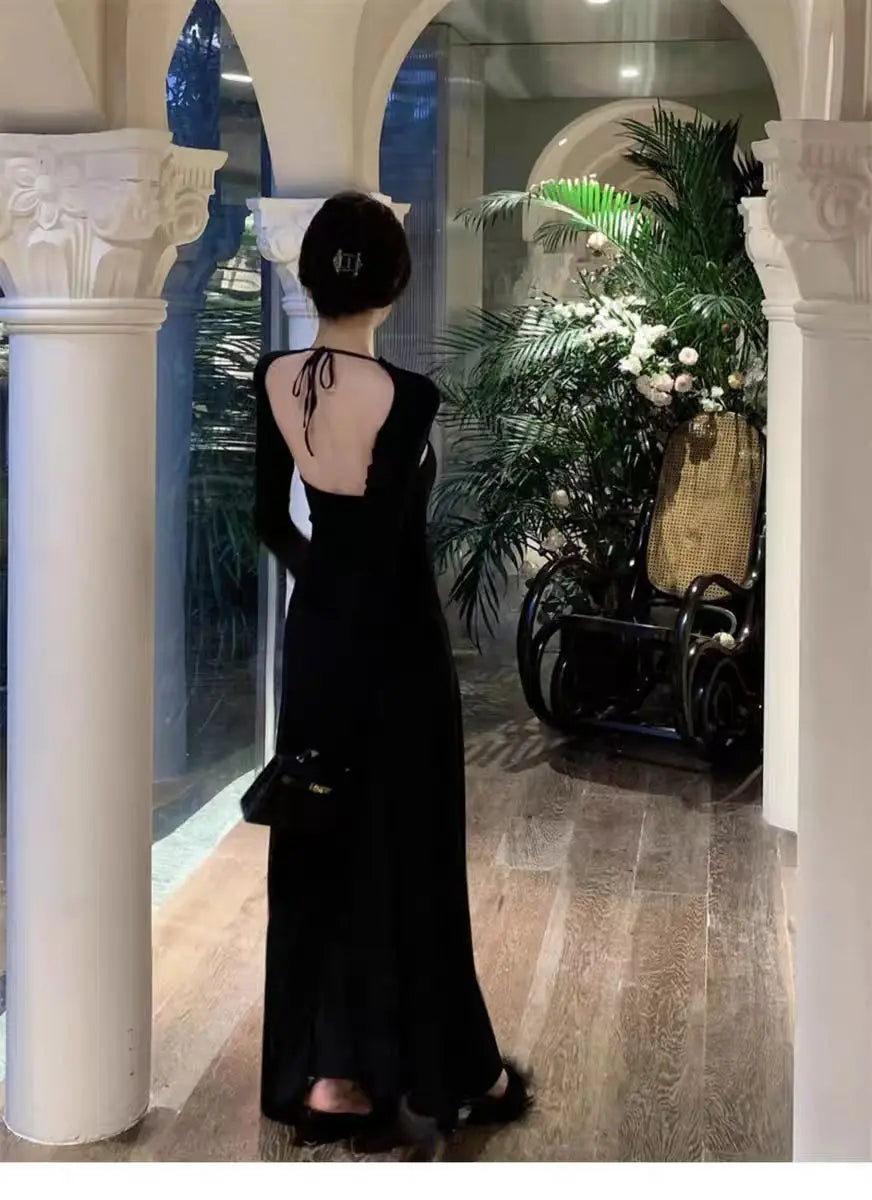 Aiertu Vintage Elegant Halter Bcakless Black Long Dress Women Retro Wrap Party Long Sleeve Maxi Dresses 2024 Spring Aiertu