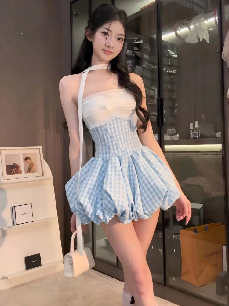 AIERTU  -  Blue Gingham Halter Mini Dress Women Y2K Ruffle Bustier Puff Balloon Hem Party Dress Aiertu