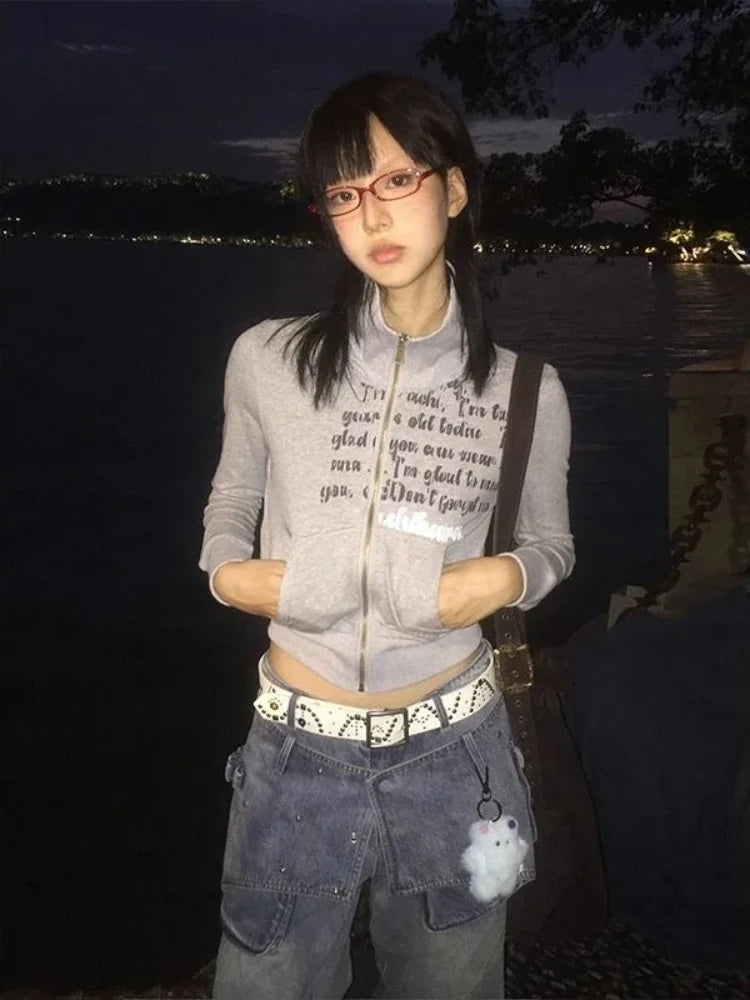 Aiertu  Vintgae American Retro Letter Print Zipper Hoodie 2024 Spring Fashion Y2k Japanese Harajuku Cropped Sweatshirt Women Aiertu