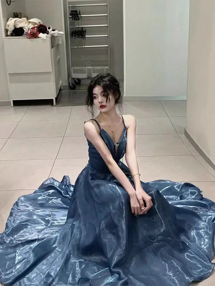 Aiertu Blue Elegant Sexy Slip Dress Women Sleeveless Korean V-neck Long Dresses Fashion Casual One Piece Dress Ladies Summer 2024 Chic Aiertu