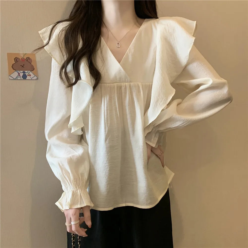 Stylish Flare Sleeve Spliced Ruffles Blouse Female Clothing Autumn New Oversized Casual Pullovers All - match Sweet Shirt Aiertu