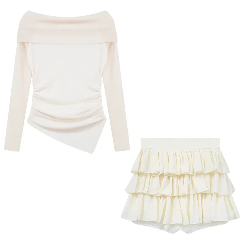 Aiertu 2024 Spring Two Pieces Skirt Set Women Y2k Crop Tops T-shirt + Cake Skirts Japanese Kawaii Fashion Suits Chic Outwear Korean Aiertu