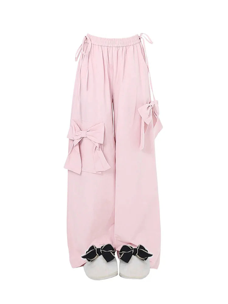 Aiertu New Design Gyaru Jeans Woman Vintage High Waist Wide Leg Pants Bow Elastic Waist Baggy Trousers Casual Tide Streetwear Simple Aiertu