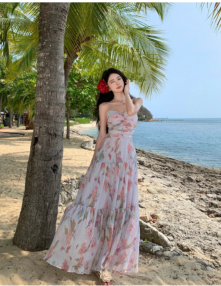 Aiertu Spaghetti Strap Elegant Women Summer Dress Sleeveless Casual Floral Print A-Line Beach Holiday Clothes Female Long Robe Aiertu