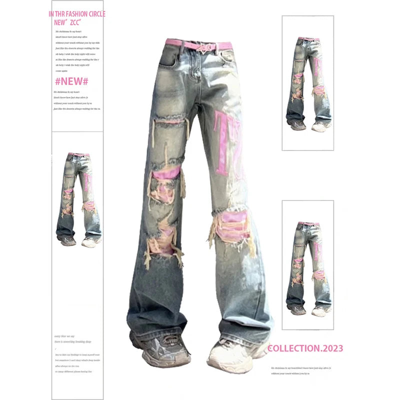 Aiertu Women's Vintage Blue Ripped Jeans Baggy Denim Trousers 2000s High Waist Korean Y2k Streetwear Female Punk Wide Leg Pants Clothes Aiertu