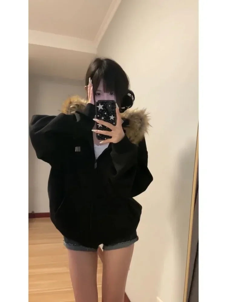 Aiertu Black Zip Up Hoodies Women Vintage Preppy Style Faux Fur Coat Korean Oversized Casual Sweatshirt Harajuku Autumn Winter Aiertu