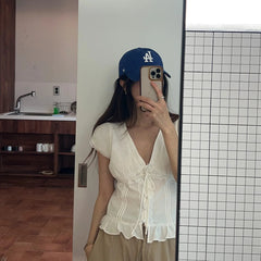 AIERTU  -  Fashionable Korean Style Splice Lace Trim Slim Fit Short Sleeve Top Women's Shirt Versatile Style Summer Deformation Aiertu