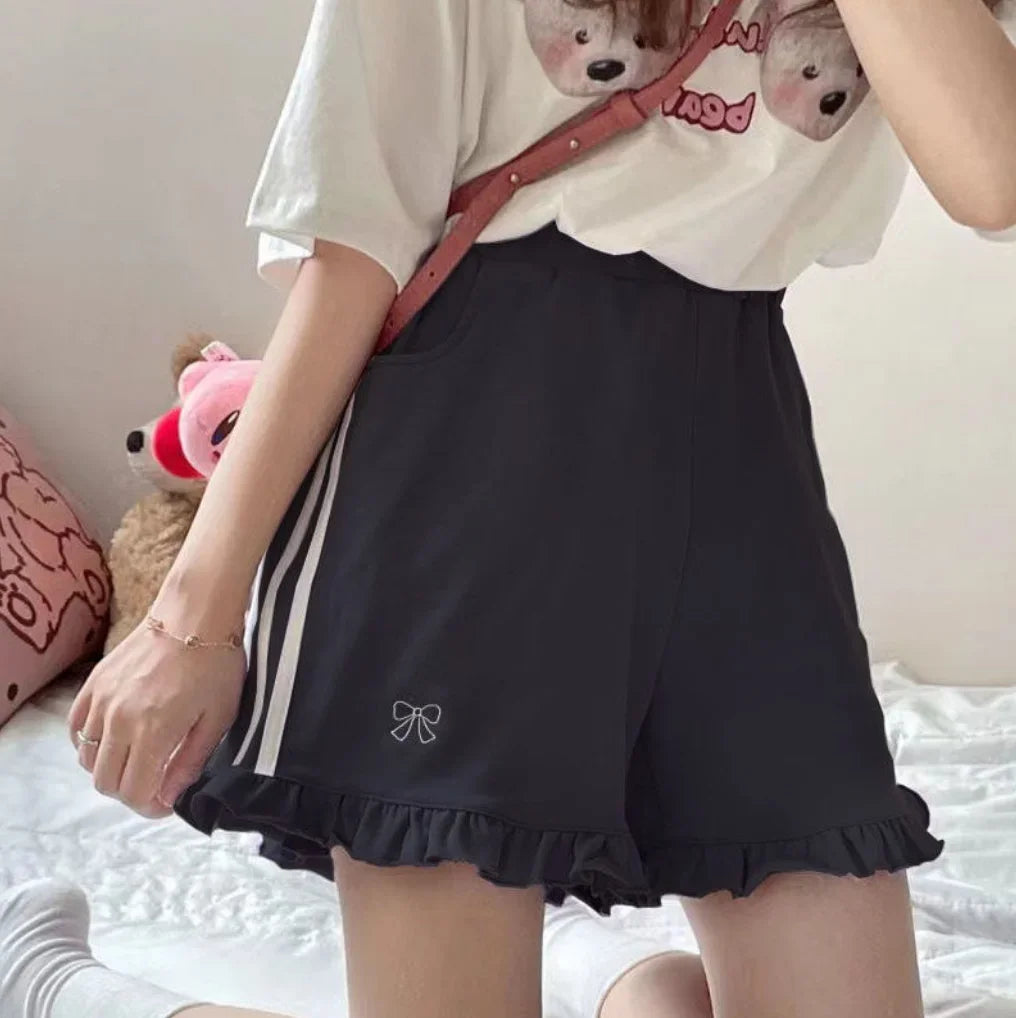 Aiertu Kawaii Streetwear Bow Embroidery Elastic High Waist Wide Letg Shorts Women Summer Lolita Sweet Cute Ruffle Short Femme Aiertu