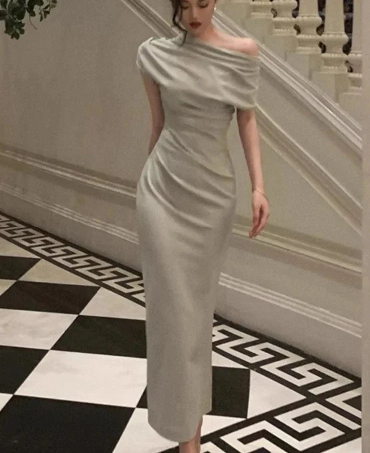 Aiertu DRESS TO IMPRESS Solid Bodycon Evening Party Dresses for Women Fashion Off Shoulder Prom Vestidos Summer Korean Robe Female Clothing aiertu