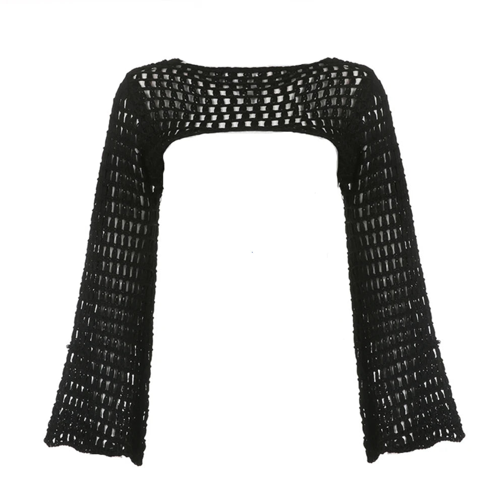 Aiertu Women Y2k Crochet Knit Hollow Out Crop Top Long Flared Sleeve Shrug Sweater Mesh Cover Ups Cardigan Streetwear Pullover Women Aiertu