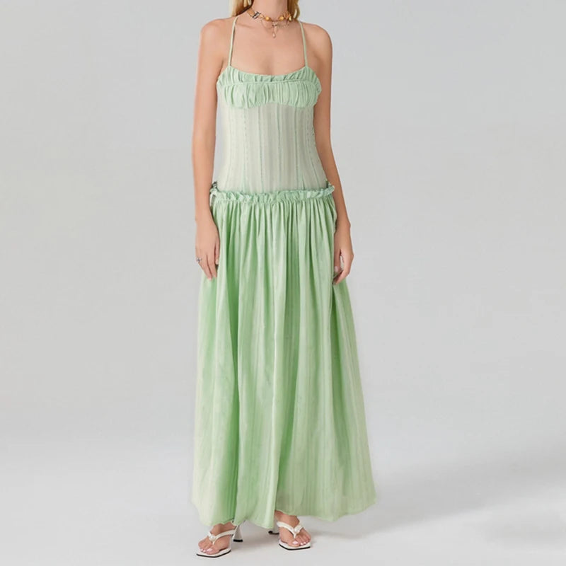 AIERTU  -  Women Y2K Maxi Dress Elegent Spaghetti Strap Square Neck Pleated Front Flowy Long Dress Summer Backless Ruched Ruffle Hem Dress Aiertu