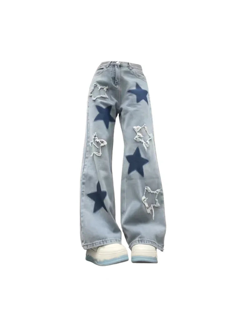 Aiertu Women's Baggy Blue Star Jeans Vintage Y2k 90s Aesthetic Denim Trousers Harajuku High Waist Wide Cowboy Pants 2000s Clothes 2024 Aiertu