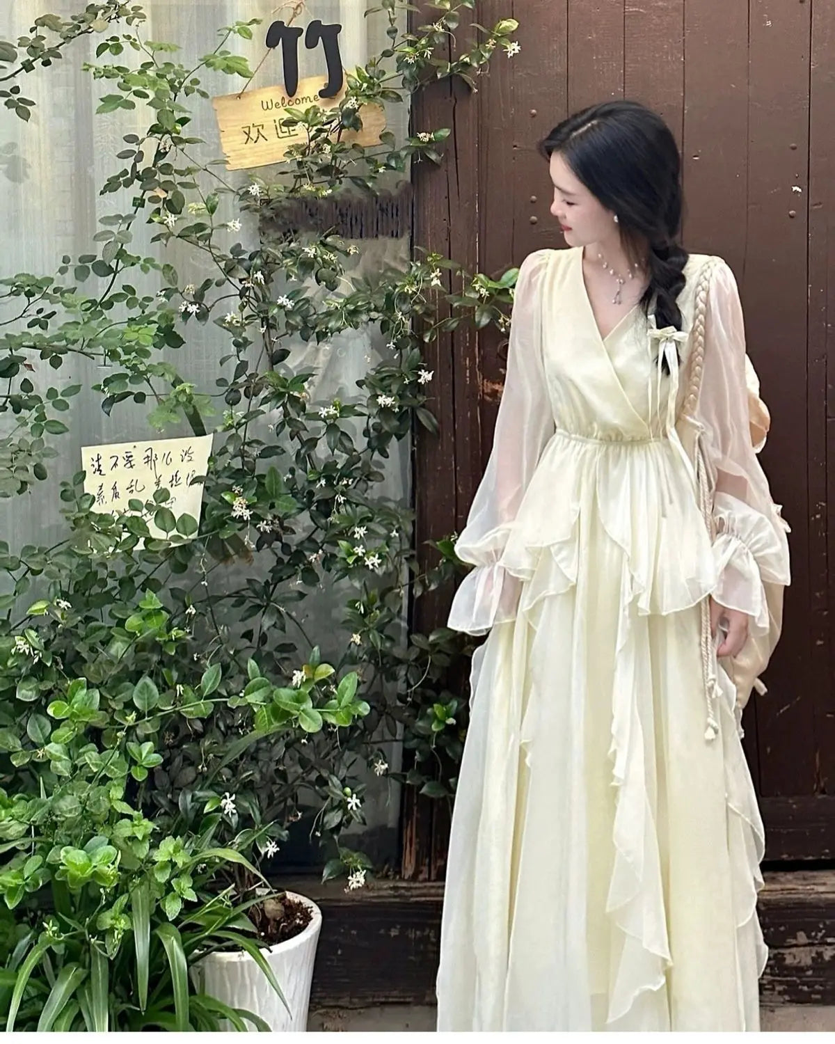 AIERTU  -  Spring/summer Women's New Milky White French First Love Long Skirt Fairy Skirt Gentle Style V-neck Slimming Drape Dress Aiertu