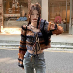Vintage Striped Gradient Knit Women Set Short Sweater Cardigan Tops Slim Sexy Long Dresses Suit Autumn Winter High Street Outfit Aiertu