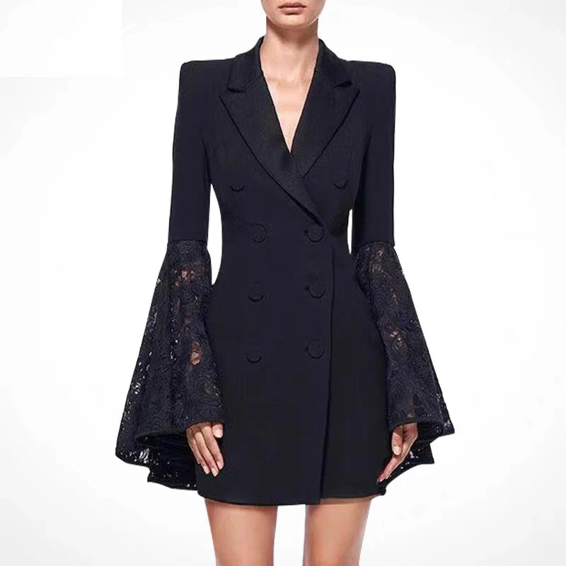 Aiertu Korea Fashion Designer Lace Patchwork Blazer Dress Women Autumn New Lapel Flare Sleeve Double Breasted Slim Waist Suit Clothes Aiertu