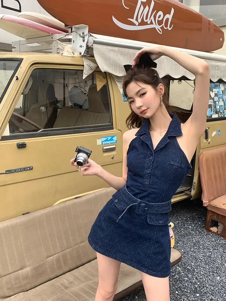 Aiertu Summer Retro Blue Turn-down Collar Off Shoulder Button Denim Mini Dress Women Sleeveless High Waist A-line Jeans Short Dress New Aiertu