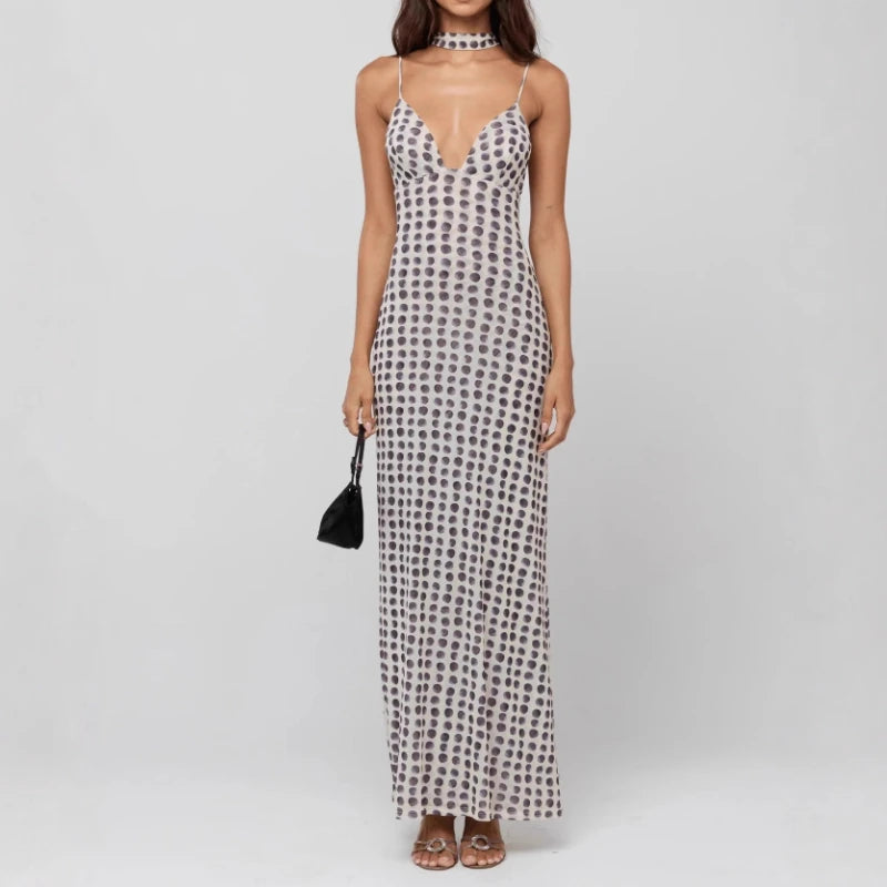 AIERTU  -  Elegant Polka Dot Spaghetti Straps V-Neck Sleeveless Suspender High Waist Slim Maxi Long Dress Evening Gown Party Dress Beach Aiertu
